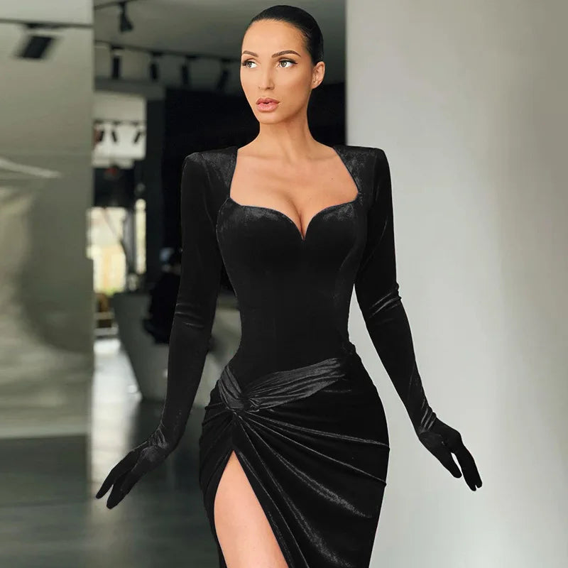 Boutique Gala HOT SALE Black/Blue/Pink/Green/ Red Color Luxury Velvet Evening Party Women Celebrities Red Carpet Wedding Guest Sexy V-Neck Long Sleeve Sweep Train Velvet Gown, Business Dinner Prom Ladies Luxury Apparel Suppli