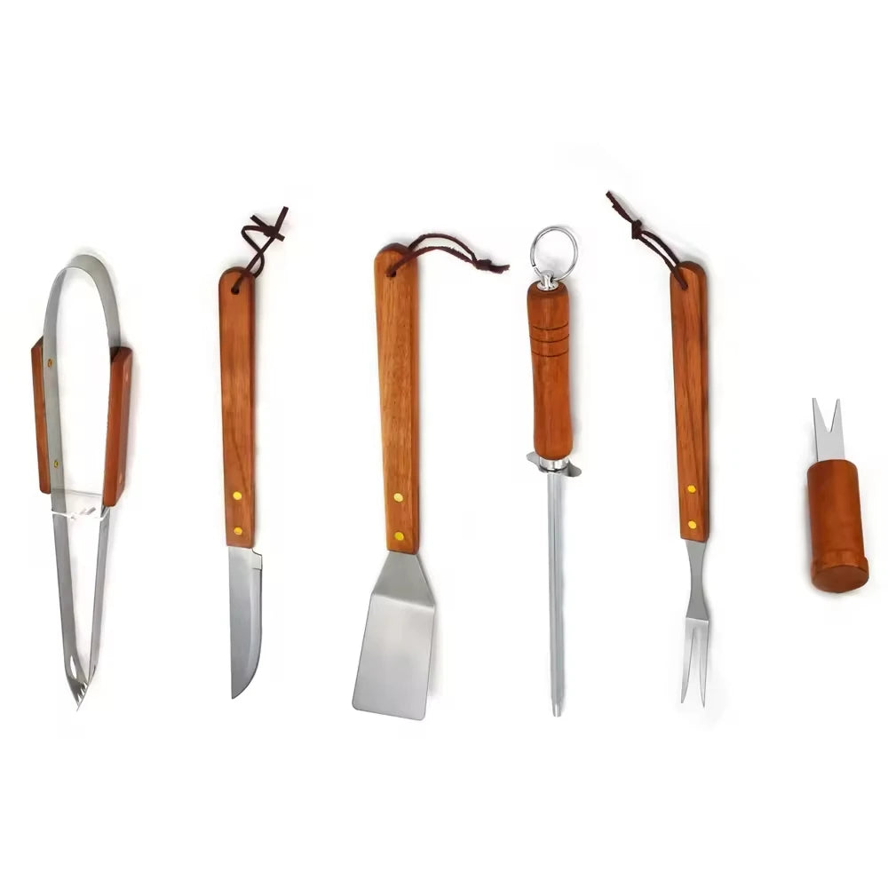 10 PCS Set Rotisserie Outdoor Picnic Courtyard BBQ Camping Grills Accessory Tool Kit Oxford Fabric Case Includes Metal Wooden Handle Barbecue Cooking Accessories