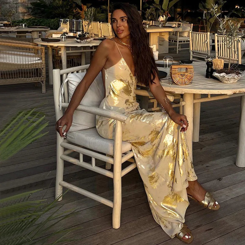 NEW Arrivals Elegant Gold Foil Fragmented Sexy Bodycon Maxi Dresses for Women Luxury Evening Party Gown Sexy Backless Stamped Dress Women's Sexy Apparel Supplies