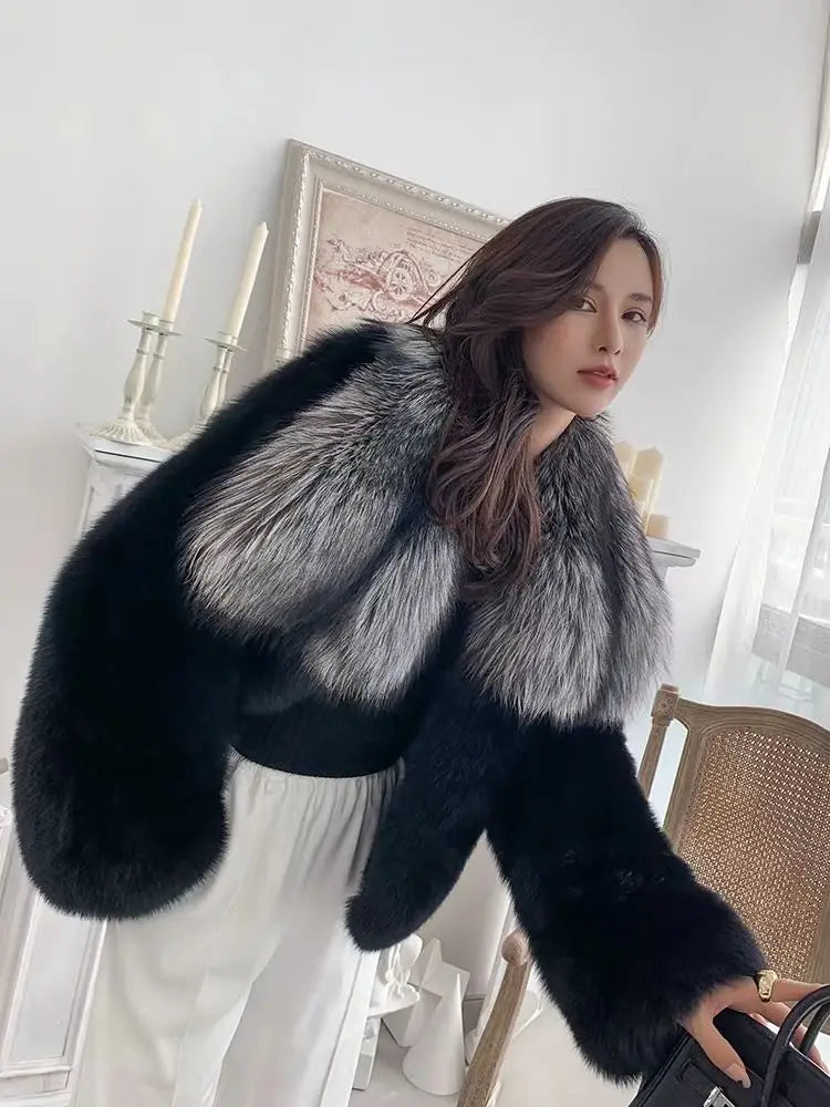 Real Natural Fox Fur Black & White Color S-2XL Luxury Winter Warm Real Cropped Fox Fur Coat Women With Big Silver Fox Fur Collar Evening Business Party Prom Ladies Luxury Apparel Supplies