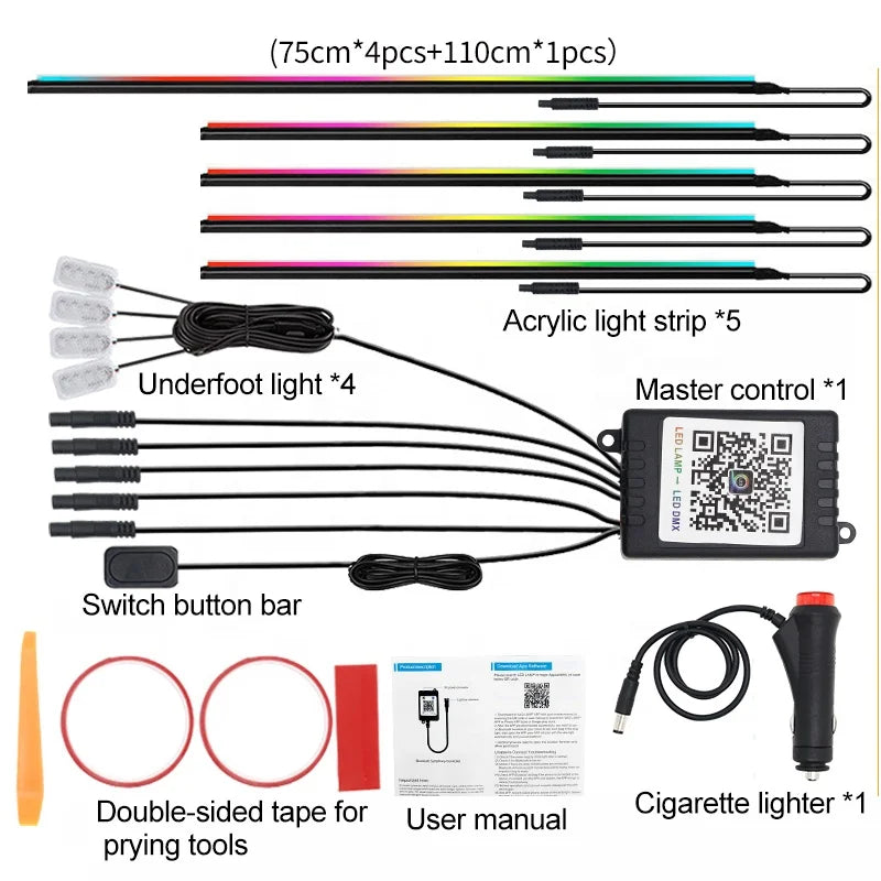 18 in 1 Ambient Lighting Easy Install Cars Dynamic Symphony Atmosphere 50.000 Hours Lifespan Universal RGBIC LED Strip Light Kit for Car Interior Decoration Accessories