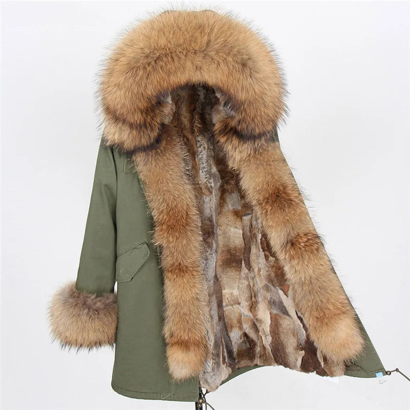 12 Colors S-2XL 100% Real Rex Rabbit Fur Mid Jacket & Big Raccoon Fur Collar Coat Natural Rabbit Fur Lined Long Parka Coat Snow Boots Outerwear Windproof Jackets Ladies Winter Clothing Supplies