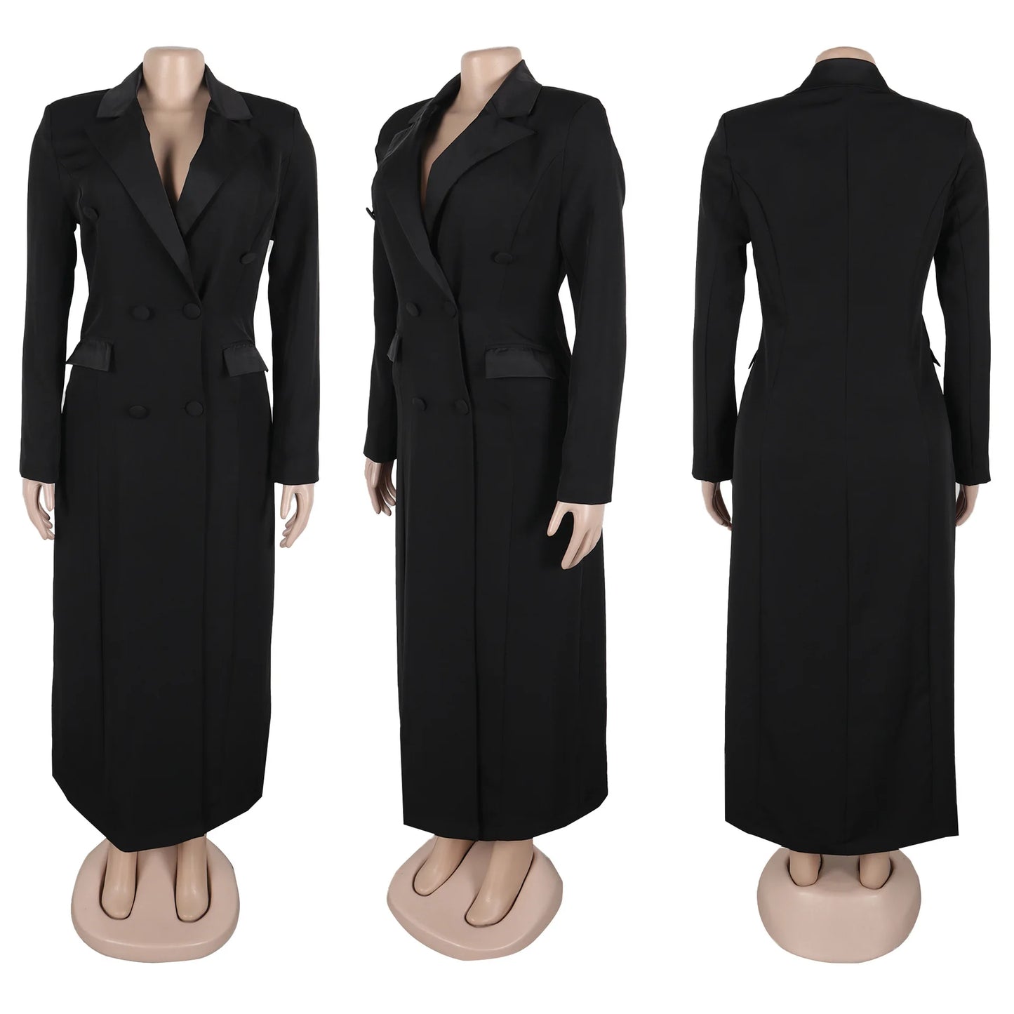 S-3XL Plus Size Black Color High Quality Long Blazer Dress Women Lady Elegant Suit Collar Slim Suits Dresses Long Coat Business Long Jacket Trench for Women