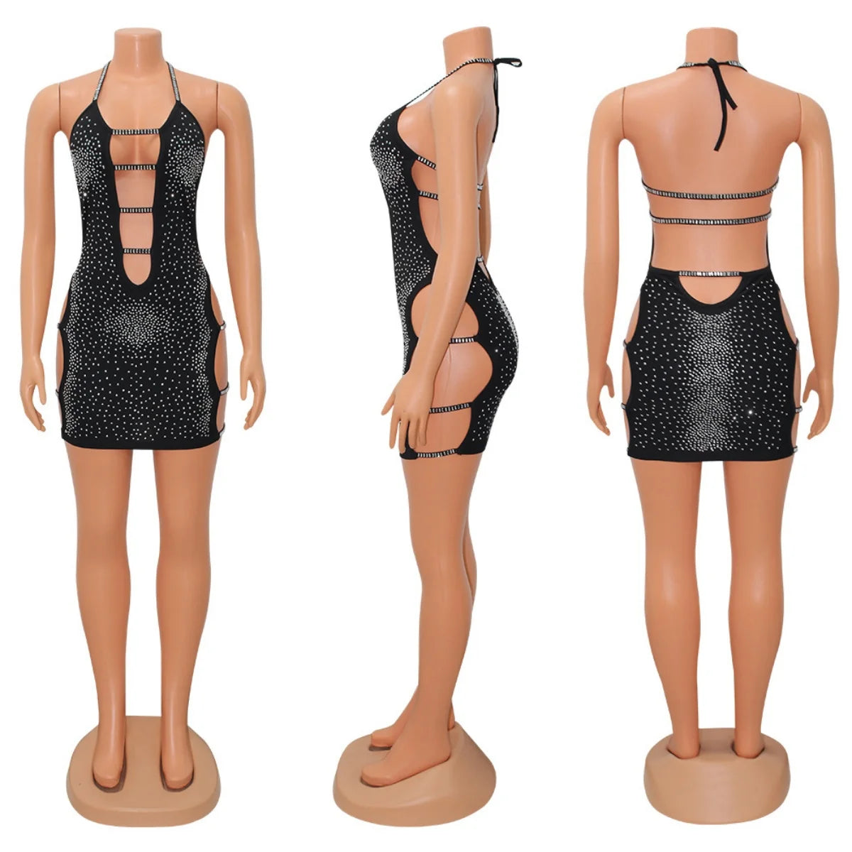 Sexy Hot S-2XL Women's Black Glitter Sleeveless Halter Sides Cut Out Backless Sheath Mini Dress Evening Party Night Clubwear Sexy Mini Dresses