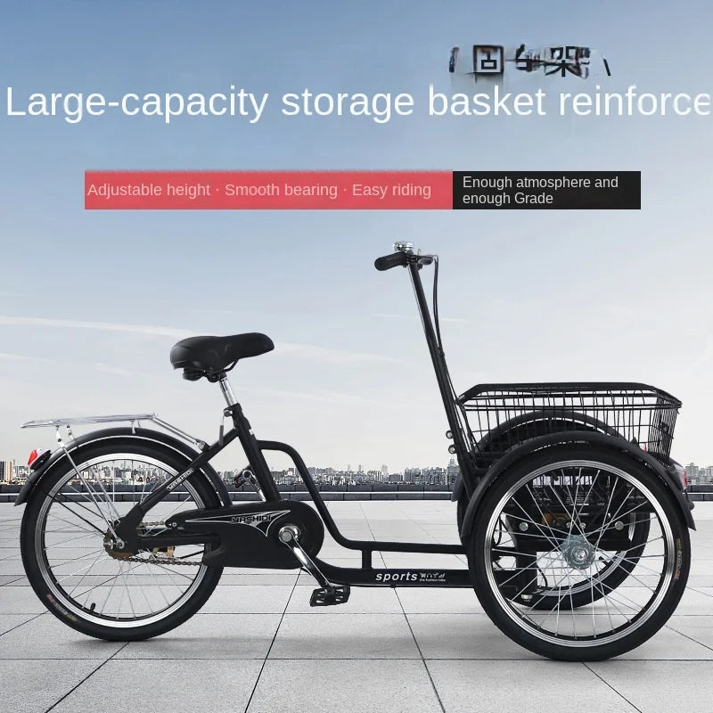 Parents-Child Tricycle Bicycle  JMC-0829 Elderly Walking Tricycle Single Speed Full Shockproof Steel Frame 20" 150kg Load Capacity On-Road