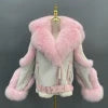 BEST PRICE S-2XL 8 Colors or Custom Color Design Natural Fox Fur Trim Coat Big Real  Fox Fur Collar Hooded Outerwear Jackets Women Sheepskin Leather Shearling Jacket Ladies Luxury Apparel Supplies
