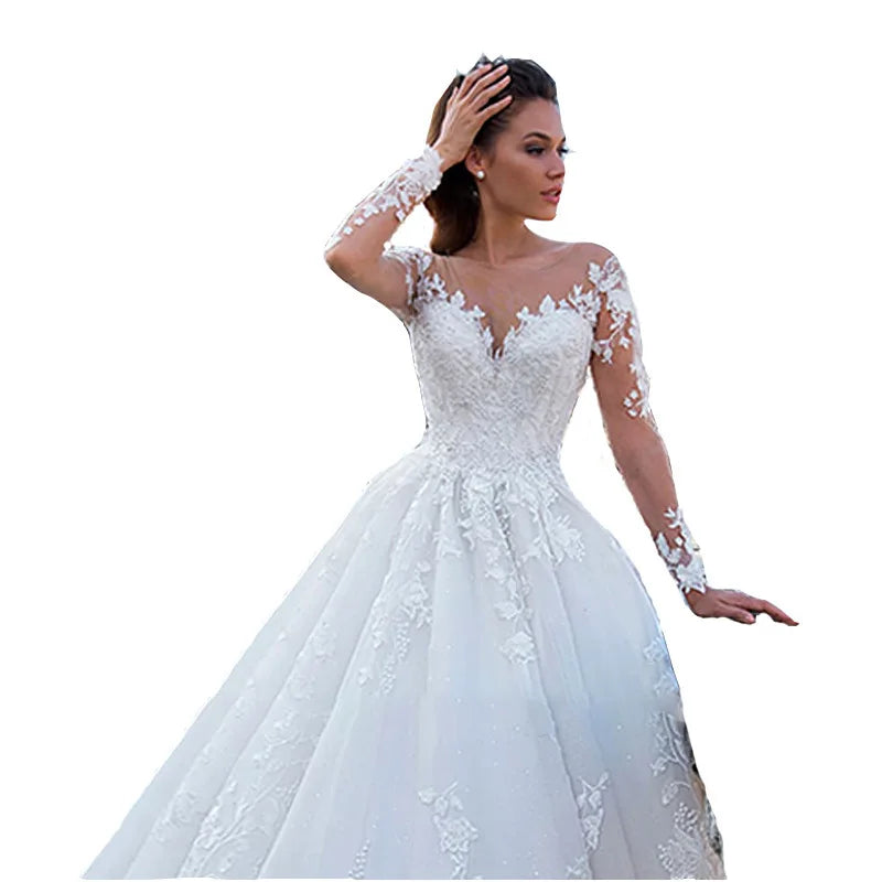 Plus Size V-Neck Luxury Long Sleeves Wedding Dress Customized Dress Wedding Beaded Lace Fabric White Bridal Gowns Modest Long Sweep Train  Wedding Dress