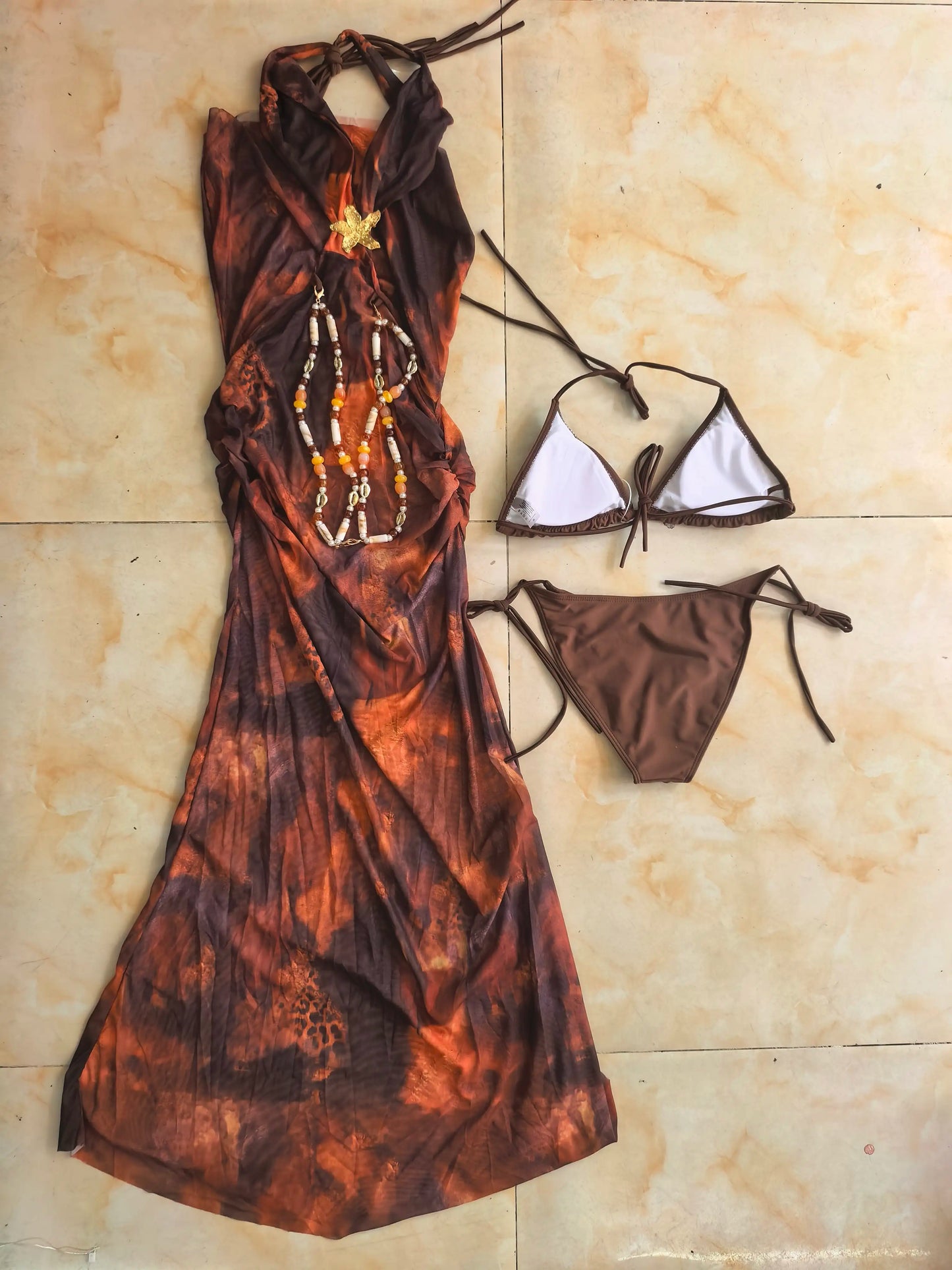 3 PCS Set Print Chains Women Sexy Swimwear Ties Details Modest Bikini and Cover Ups Maxi Dress Set Slim Fit Beachwear  S-L Women's Summer Swimming Pool Beach Bathing Apparel Suits Clothing Supplies.