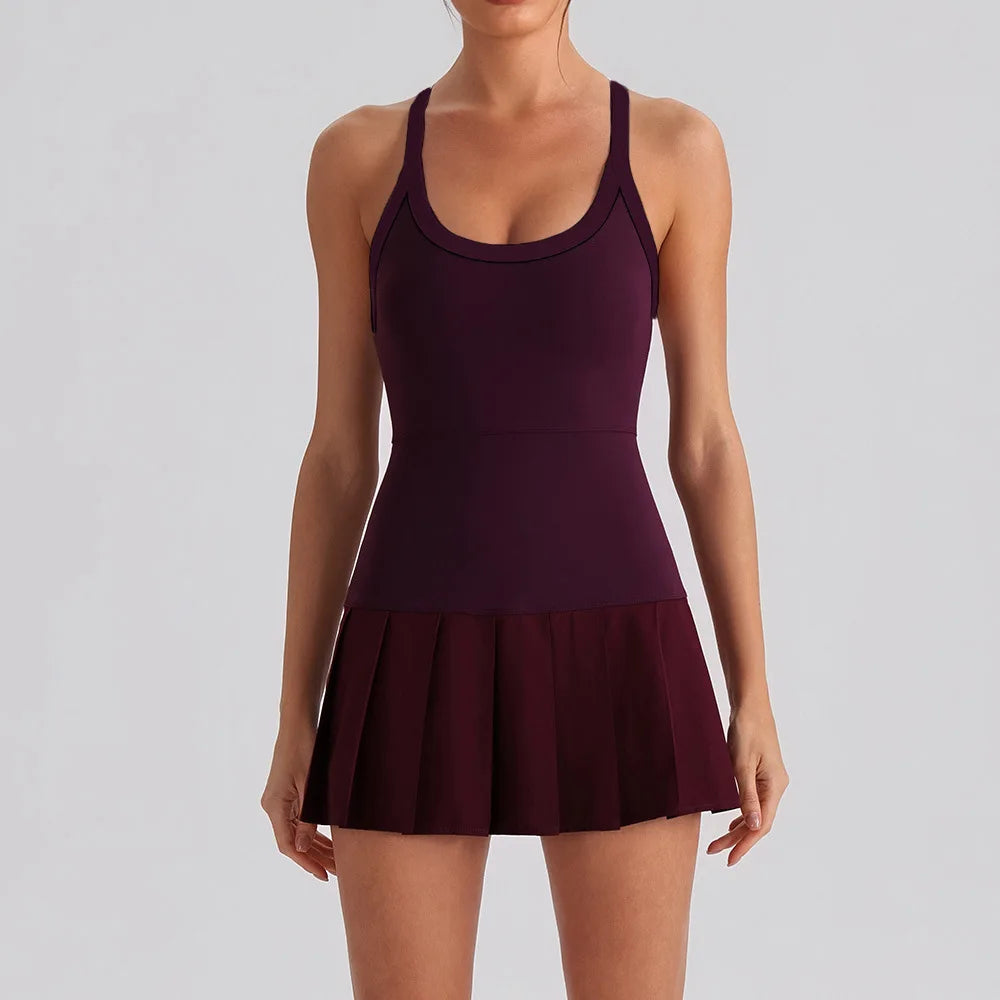 NEW Arrivals Women Luxury One Piece Sexy Cross Back Tennis Dress Built-In Shorts with Pockets Chest Pad High Stretch Breathable Dress for Pickleball Activewear Workout Mini Dress Women Sports Clothing Supplies