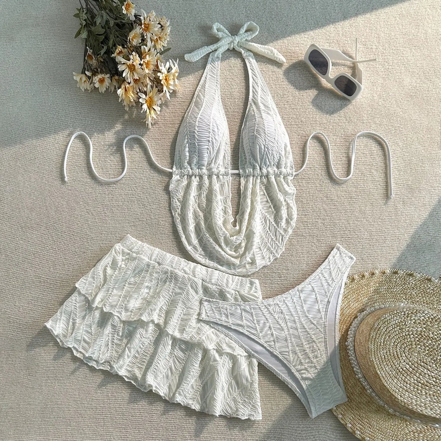 NEW Arrivals 3 PCS Set 5 Colors V-NECK Knitted Women Sexy Swimwear Shirt Top Brazilian Bikini and Skirt Set Beach Cover Ups Sexy Swimsuit Beachwear Ladies Summer Bathing Apparel Supplies