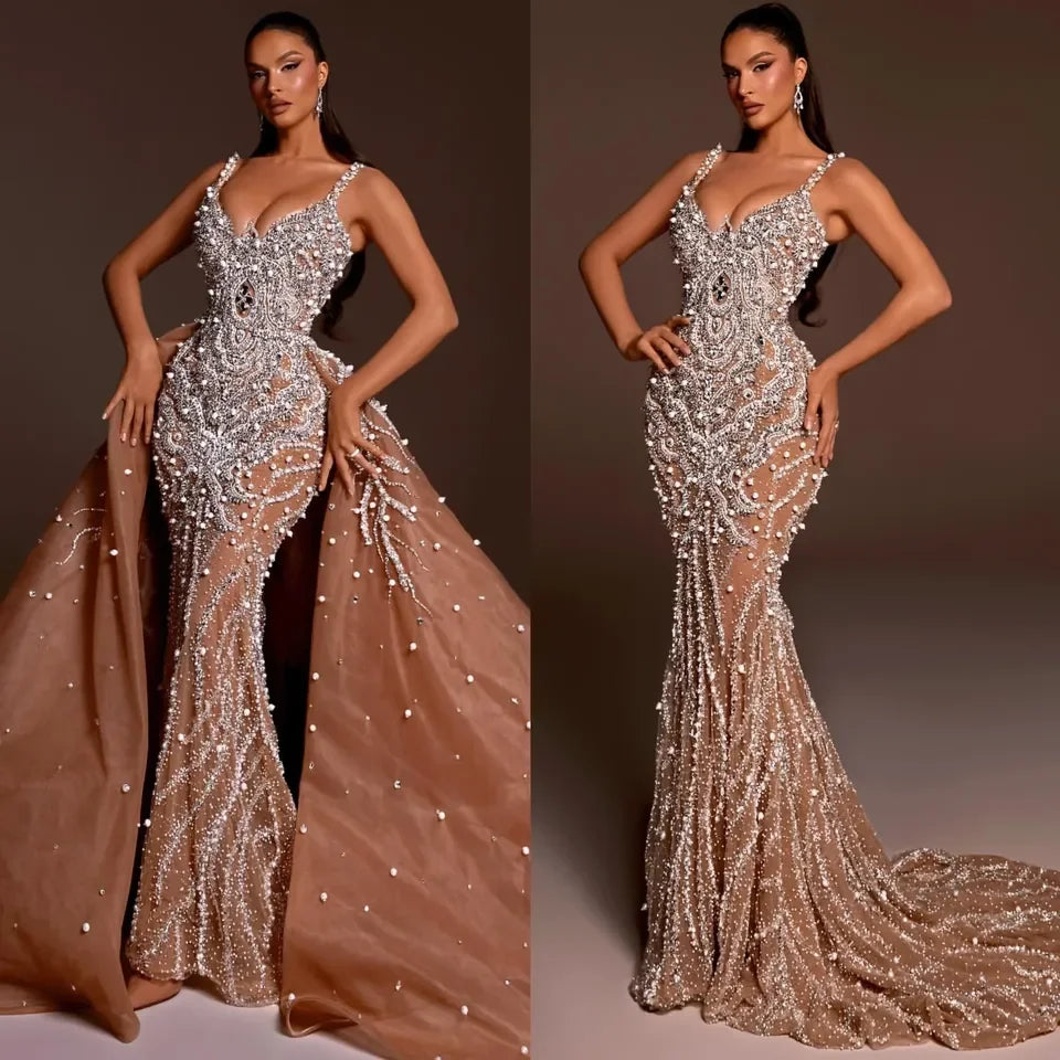 Boutique HOT SALE  New Luxury Wedding Dress  Floor-Length Evening Party Prom Spaghetti Strap Illusion Backless Detachable Sweep Train Formal Mermaid Wedding Dress Ladies Luxury Apparel Supplies
