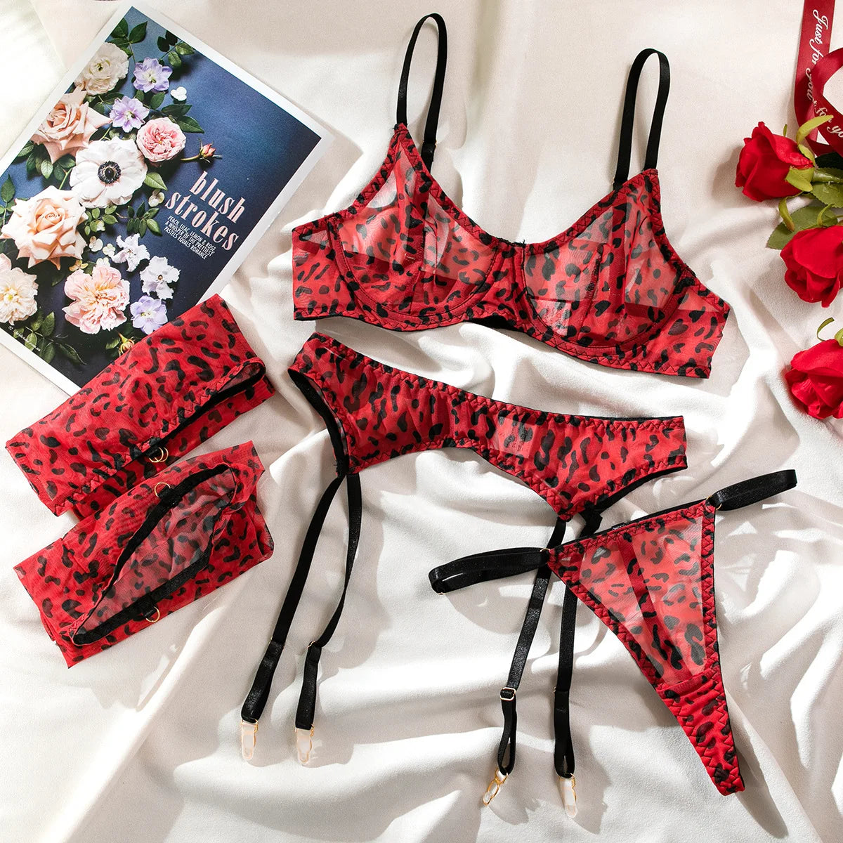 4 PCS Set Sexy Red Leopard Lingerie Set with Stockings Garter Women Underwire Push Up Bra Exotic Valentine Gift S-L Women Sexy Lingerie Set