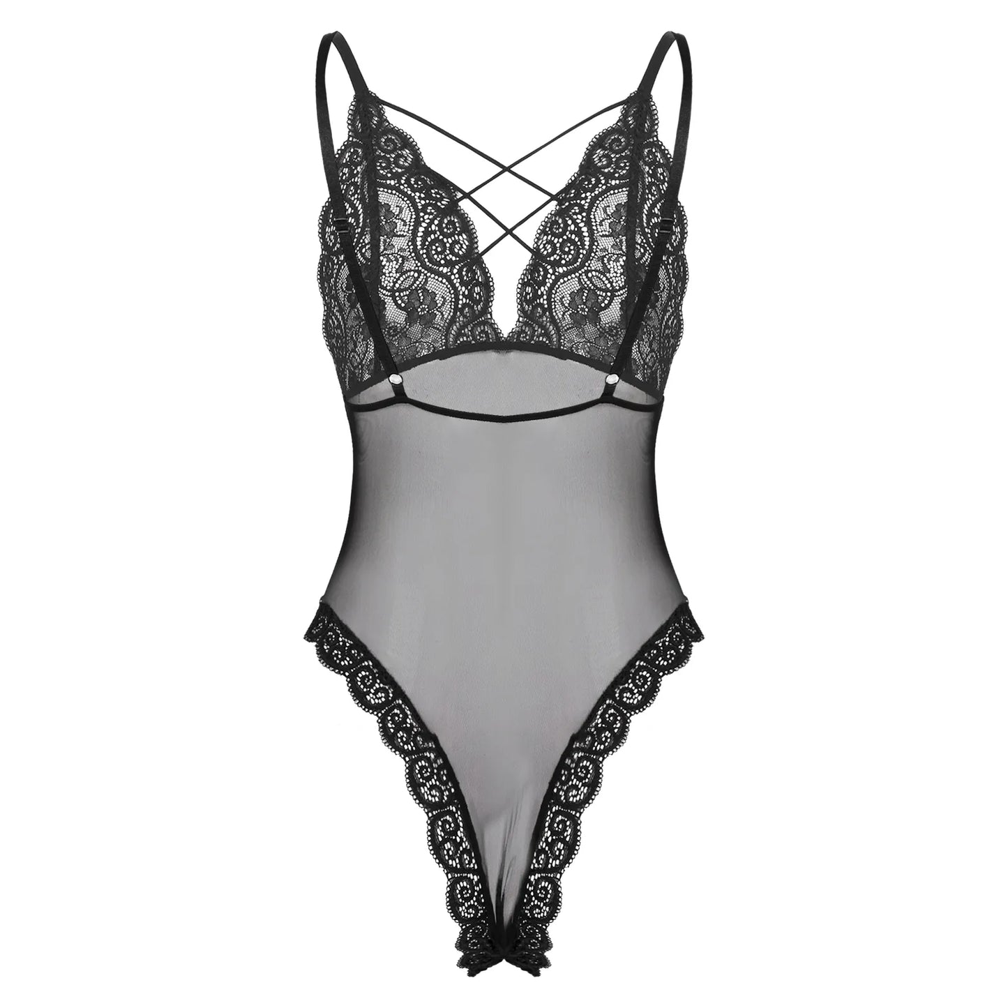Mens Sissy Sexy Bodysuit Lingerie Nightwear Crisscross Strappy Adjustable Straps Leotard See-through Mesh Lace Patchwork Teddies