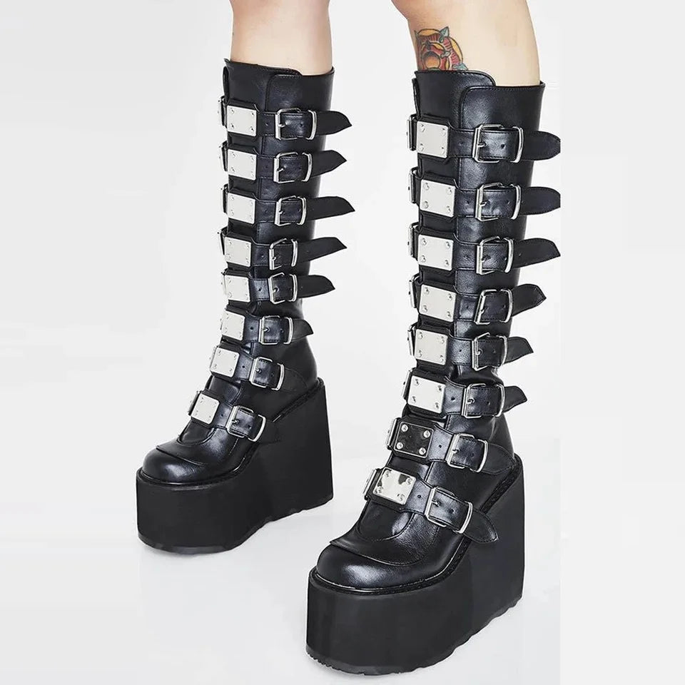 Female Fashion Metal Gothic Platform Boots Punk Cosplay Wedges High Heels Women Knee High Boots Stree Shoes Woman