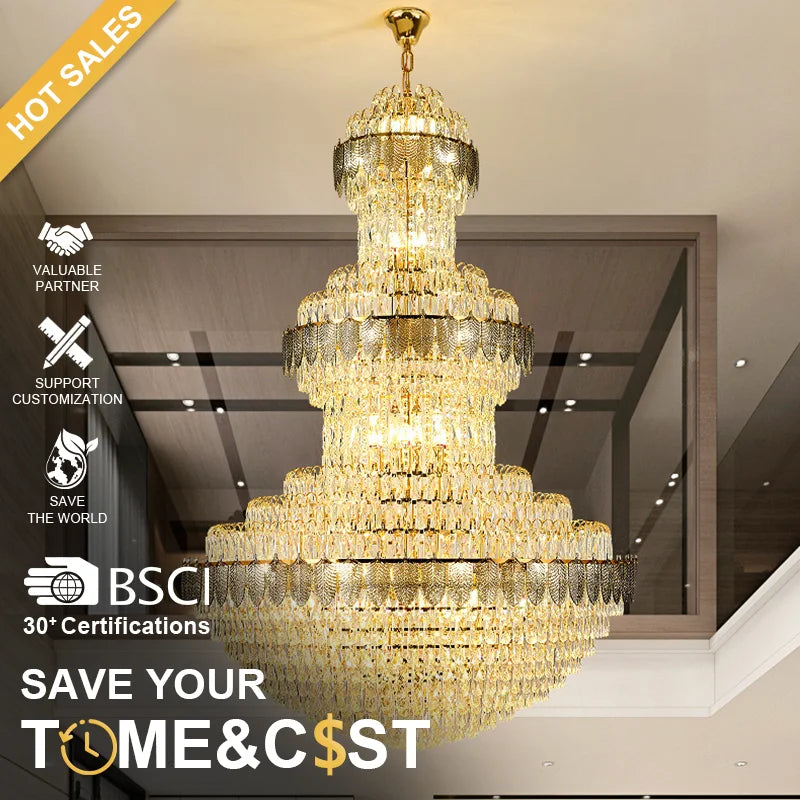 HOT SALE Villa Home Art Gallery Living Room Staircase Contemporary Exquisite Hotel Lobby Villa Mall Luxury K9 Crystal Ceiling Pendant Light Remote Switch Control Long Chandelier Lighting Supplies