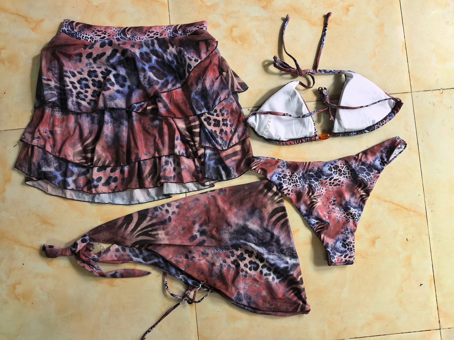 NEW Arrivals 4 PCS Set 7 Colors Animal Print Women Swimwear Triangle Top Brazilian Bikini and Cover Up Set Crop Top Ruffle Beach Skirt S-XL Women's Summer Beachwear Bathing Apparel Sets Clothing Supplies