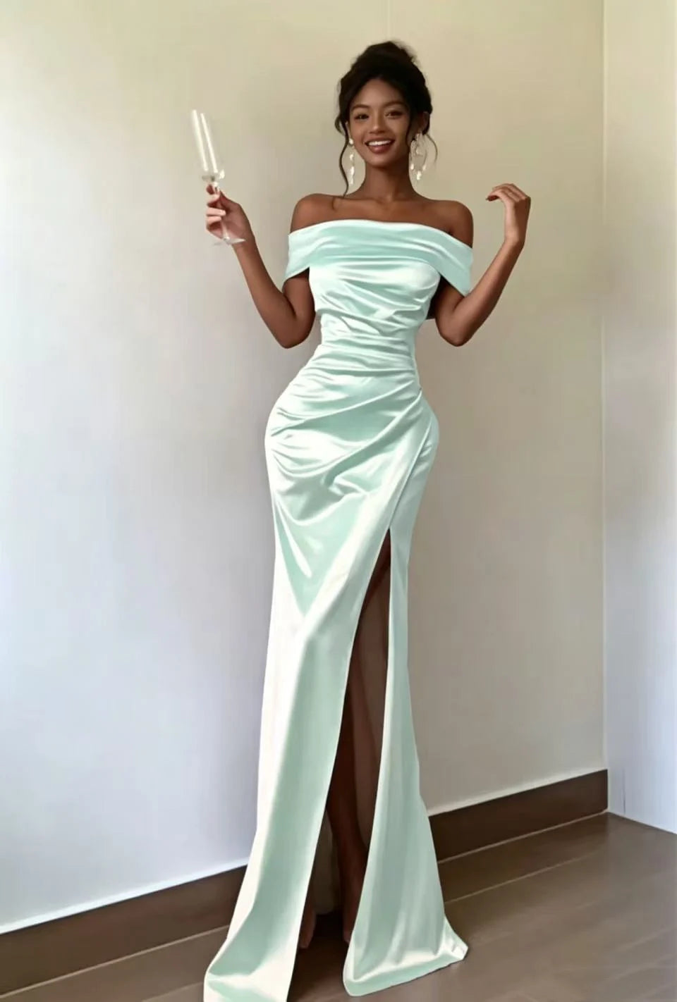 S-2XL Satin Luxury Trendy Gowns for Women Evening Dresses Wedding Guest Bridesmaid  Night Clubwear Prom Elegant One Shoulder Short Sleeve Slit Satin Mermaid Gowns Ladies Luxury Apparel Supplies