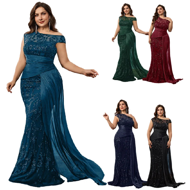 NEW Arrivals 5 Colors XL-4XL Plus Size Trendy Gowns for Curvy Ladies  Evening Party Wedding Guest Luxury Dresses High Waist One-Shoulder Sequined Elegant Mermaid Bridesmaid Dresses