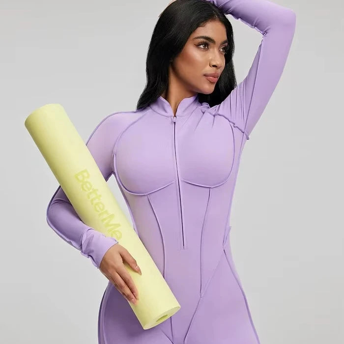 10 Colors S-XL NEW Arrivals Custom Zippered Front Women Long Sleeve Yoga Jumpsuit One Piece Workout Quick Dry Bodysuit Slim-Fit Bodysuit Backless Sports Rompers