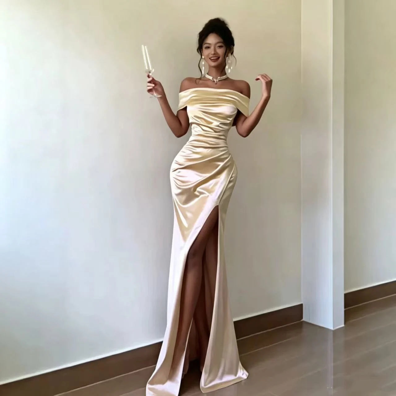S-2XL Satin Luxury Trendy Gowns for Women Evening Dresses Wedding Guest Bridesmaid  Night Clubwear Prom Elegant One Shoulder Short Sleeve Slit Satin Mermaid Gowns Ladies Luxury Apparel Supplies
