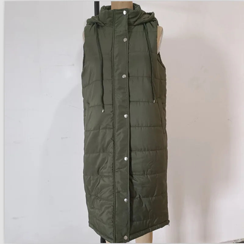 10 Colors S-5XL Plus Size Women's Autumn Spring Solid-Color Hooded Single-Button Mid-Length Cotton Long  Vest Coat Cardigan Outerwear Top  Fashion Women Casual Apparel Supplies