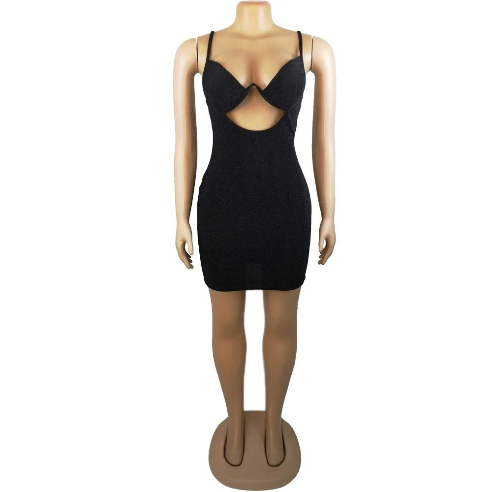 Black/Pink/Gray Color Women Sexy Bling Glitter Sequin Women Strap Mini Dress V-Neck Hollow Out Bodycon Sexy Streetwear Autumn Winter Spring Evening Night Club Party Slim Mini  Dress Ladies Sexy Clothing Supplies