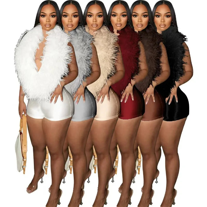 NEW Arrivals S-2XL  Summer European American Fashionable Casual Women's Elegant Fur-Trimmed Deep V-Neck Halter Neck Sexy Chic Streetwear Night Clubwear Evening Party Jumpsuit Girls Casual Clothing Supplies