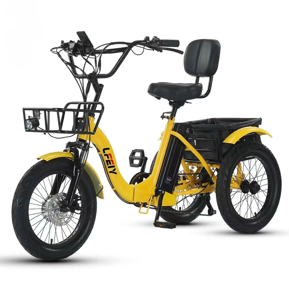 Fat Tires Folding Electric Cargo Tricycle 18 Inch Brushless Pedal Assisted Electric Tricycle 48V 13Ah Lithium Battery Disc Brake 3-Wheel Cargo Bike 7-Speed 25km Max Speed Carbon Steel Electric Bike