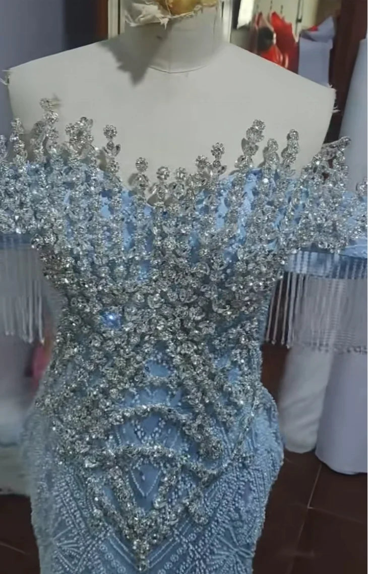 Mother of Bride S-3XL Plus Size Light Blue Satin Mermaid Wedding Dress | Luxury Off-Shoulder Full Sequin Beaded Bridal Gown with Train for Wedding Evening Party Prom Red Carpet Celebrities Luxury Gown