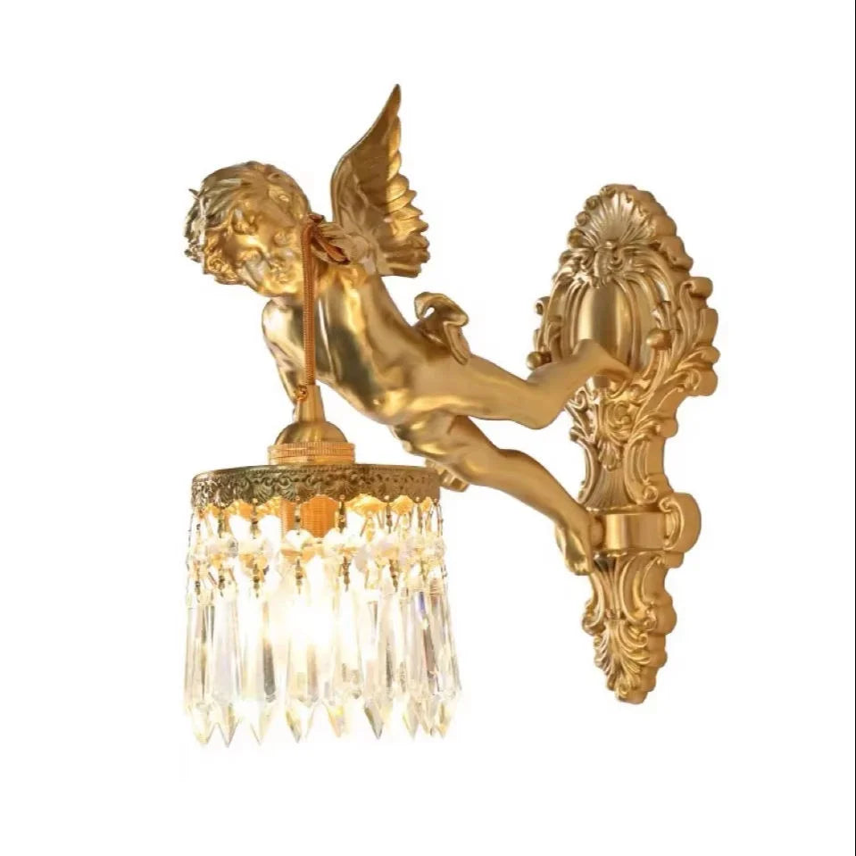 NEW French Retro All Copper Angel Wall Lamp, Vintage Living Room Bedroom Study, Retro Light Luxury Crystal Brass Lighting Fixture