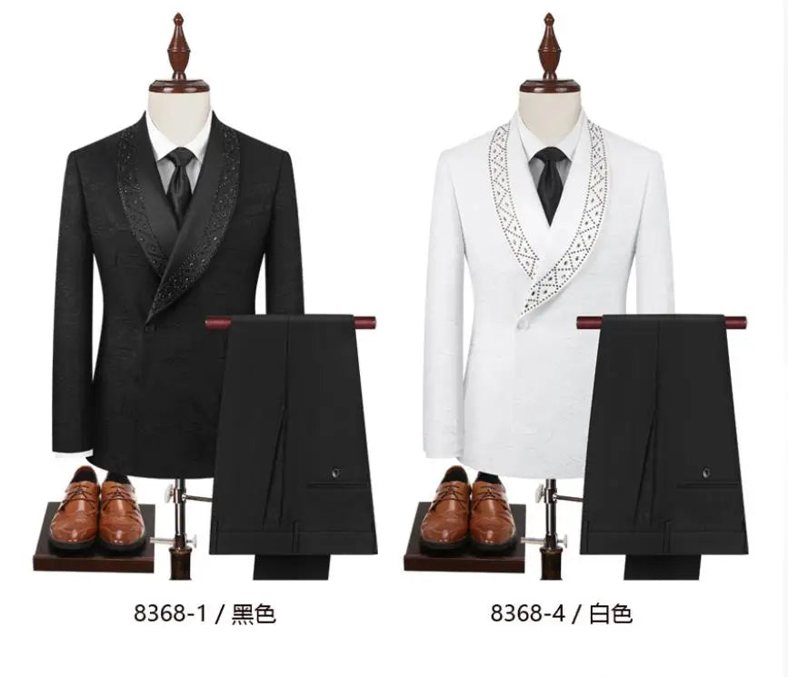 2 PCS Set New Men's Elegant Light Luxury Jacquard Hot Diamond Green Fruit Collar Wedding Groom Guest Best Man Suits for Men Fashion Evening Business Dinner Party Prom Men Formal Apparel Clothing Supplies