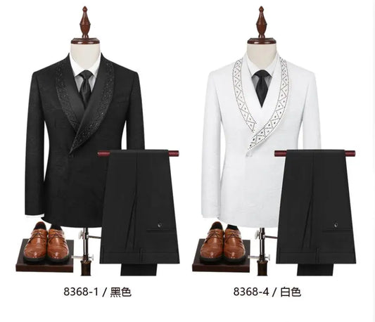 2 PCS Set New Men's Elegant Light Luxury Jacquard Hot Diamond Green Fruit Collar Wedding Groom Guest Best Man Suits for Men Fashion Evening Business Dinner Party Prom Men Formal Apparel Clothing Supplies