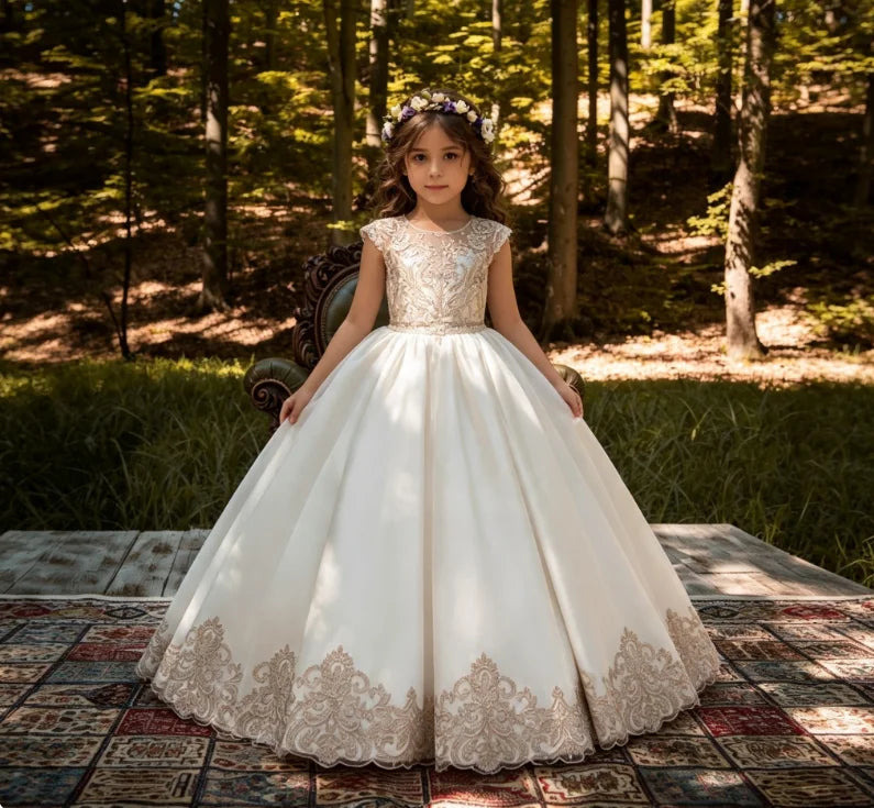 Ivory/Pink Color Girls Children Elegant Champagne Gold Lace Applique Girls Bridesmaid Wedding Party Dress First Communion Gown Ball Gown Kids Evening Birthday Wear Fille Luxury Gown