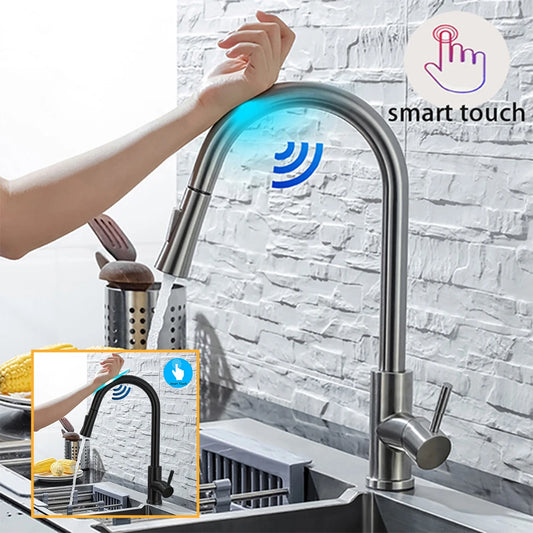 Just Arrived Kitchen Bathroom Motion Sensor Faucet Pull Out  Black/Brushed Nickle Color Large Area Sensor Stainless Steel Black Smart Induction Mixed Tap Touch Control Sink Tap Home Office Hotels