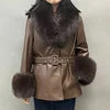 Boutique Gala HOT SALE ( Few Units Left) 8 Colors S-2XL Women's Top Quality Belted Black Real Sheepskin Leather Fur Coat Women Leather Jacket With Genuine Natural Fox Fur Collar Cuffs Ladies Winter Warm Outerwear Luxury Appar