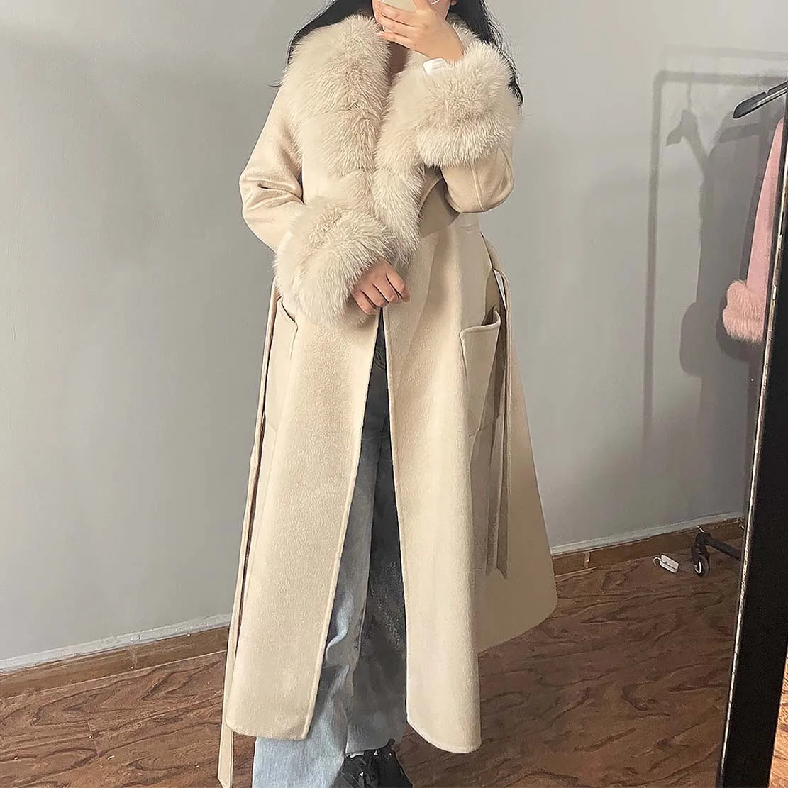 BEST PRICE 100% Cashmere 10 Colors Luxury Women's Winter Long Trench Jacket Real Natural Fox Fur New Fashion Pink Wool Coat Evening Party Wedding Guest Coats Ladies Luxury Apparel Supplies.