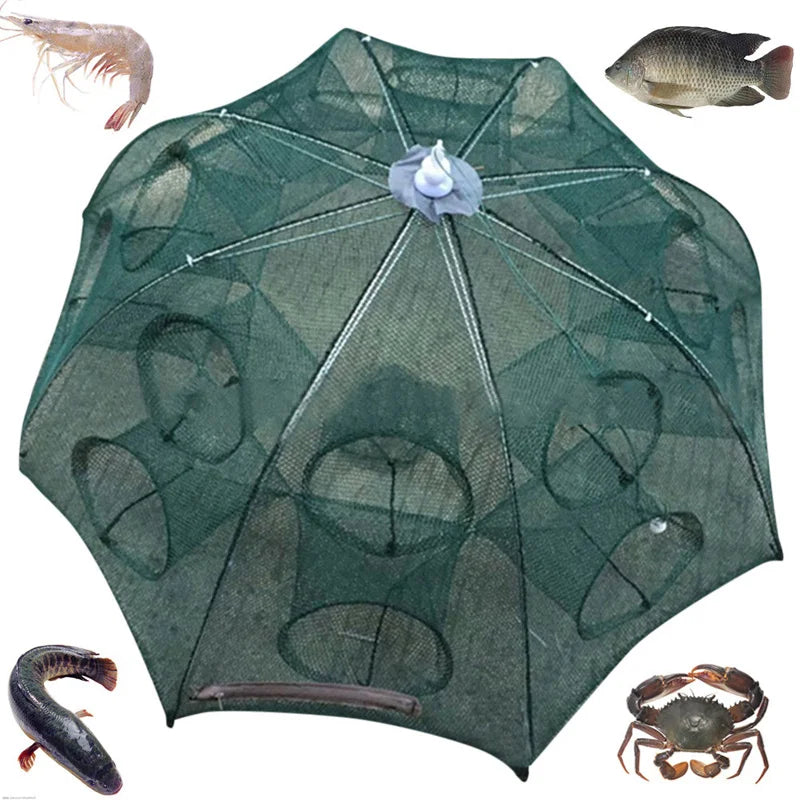 NEW Arrivals 4/6/8/10 /12/16/20 Holes Automatic Professional Fishing Net Fishing Trap Portable Folding Crayfish Catcher Mesh Trap Cage with Ring for Ocean Lakes River Sea Fishing Accessories