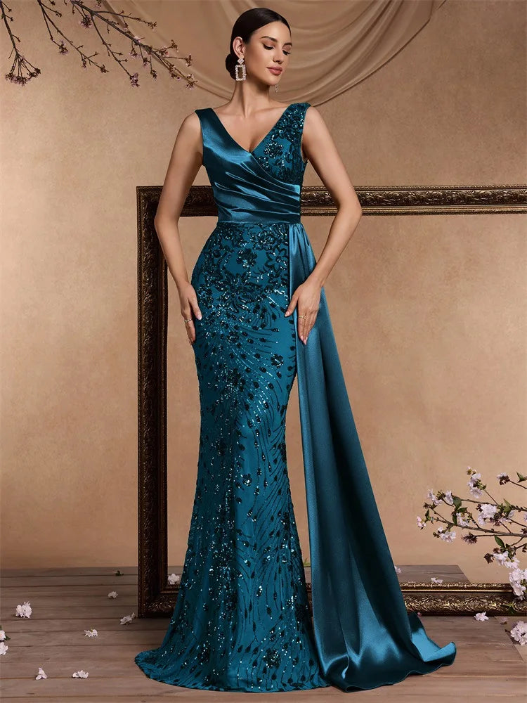 Mother of the Bride S-2XL Women's Luxury Satin Gowns for Women Evening Dresses Elegant V-Neck Sleeveless Sequin Mermaid Bridesmaid Dresses Wedding Party Dress Ladies Luxury Apparel Supplies