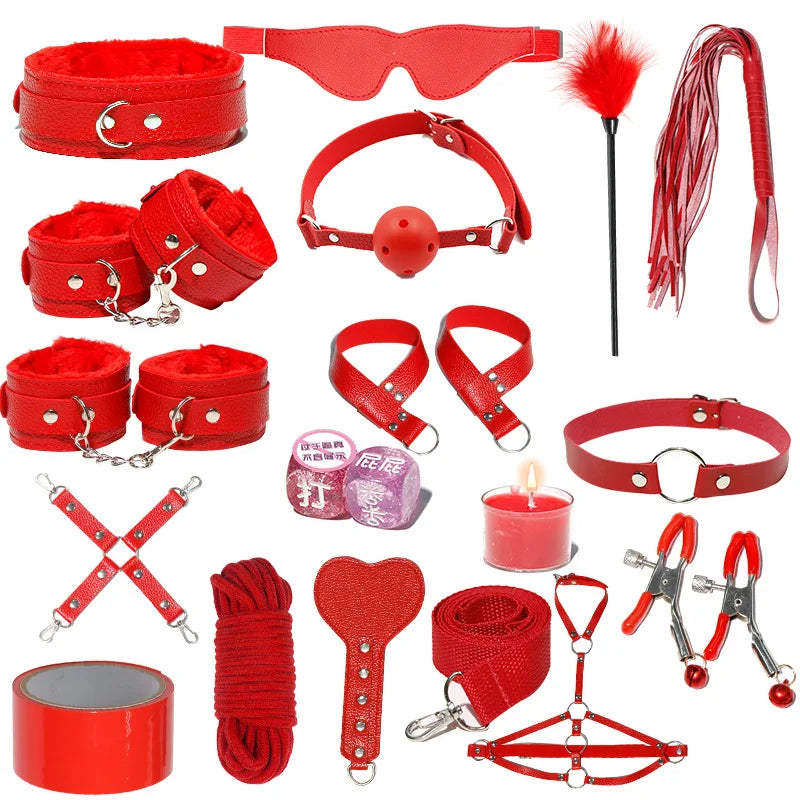 18 PCS Set 4 Colors BDSM  Fetish Sex Party Binding Handcuffs Leather Whip Anal Plug Adult Couples Intercourse Sex Toys Sex Play Tools Set