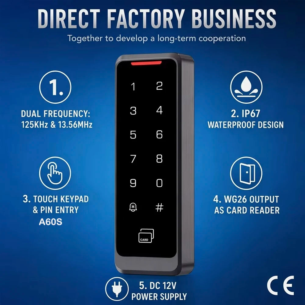 NEW Home Villa Hotel Office Dual Frequency RFID Standalone Card Reader Both EM ID 125KHz 13.56MHz Touch Waterproof Keypad Door Access Control Entry Lock CE Certified Home Security Accessories