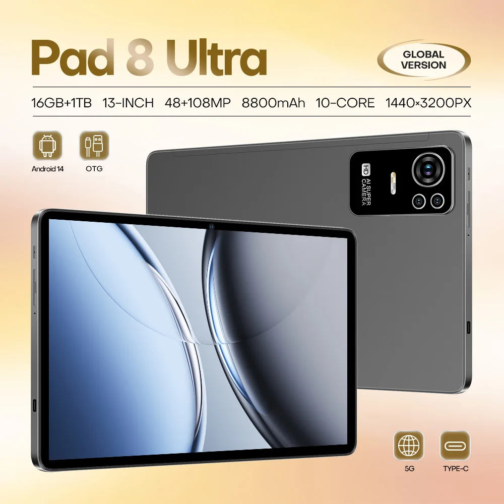 Pad 8 Ultra 5G Tablet 16GB+1TB 13'' 1440*3200 Octa-Core 8800mAh Android 14 Dual SIM Face GPS/GSM Multi-Languages Support Unlock Kids & Education Tablet