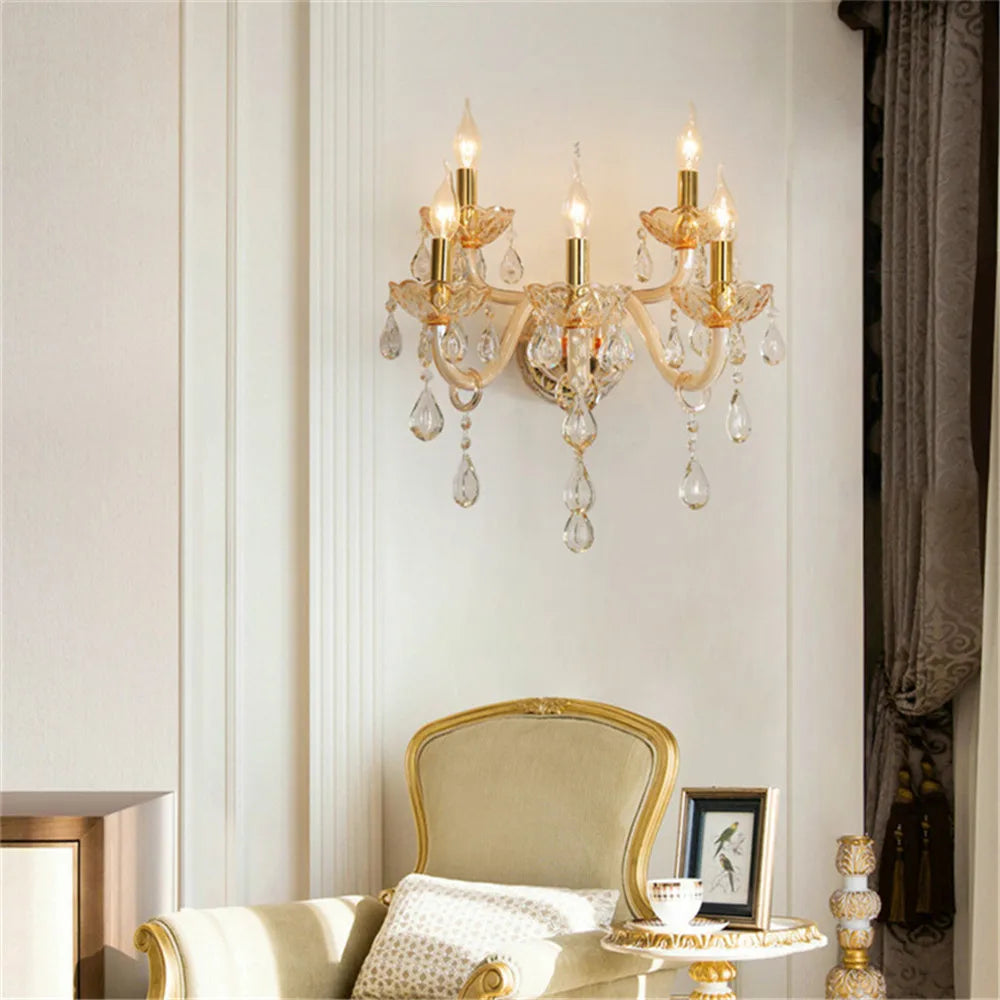 Villa Home Luxury European 3/5 Lights Champagne Crystal Candle Wall Lamp for Bedroom Corridor Villa Hotel Staircase Decor Lighting