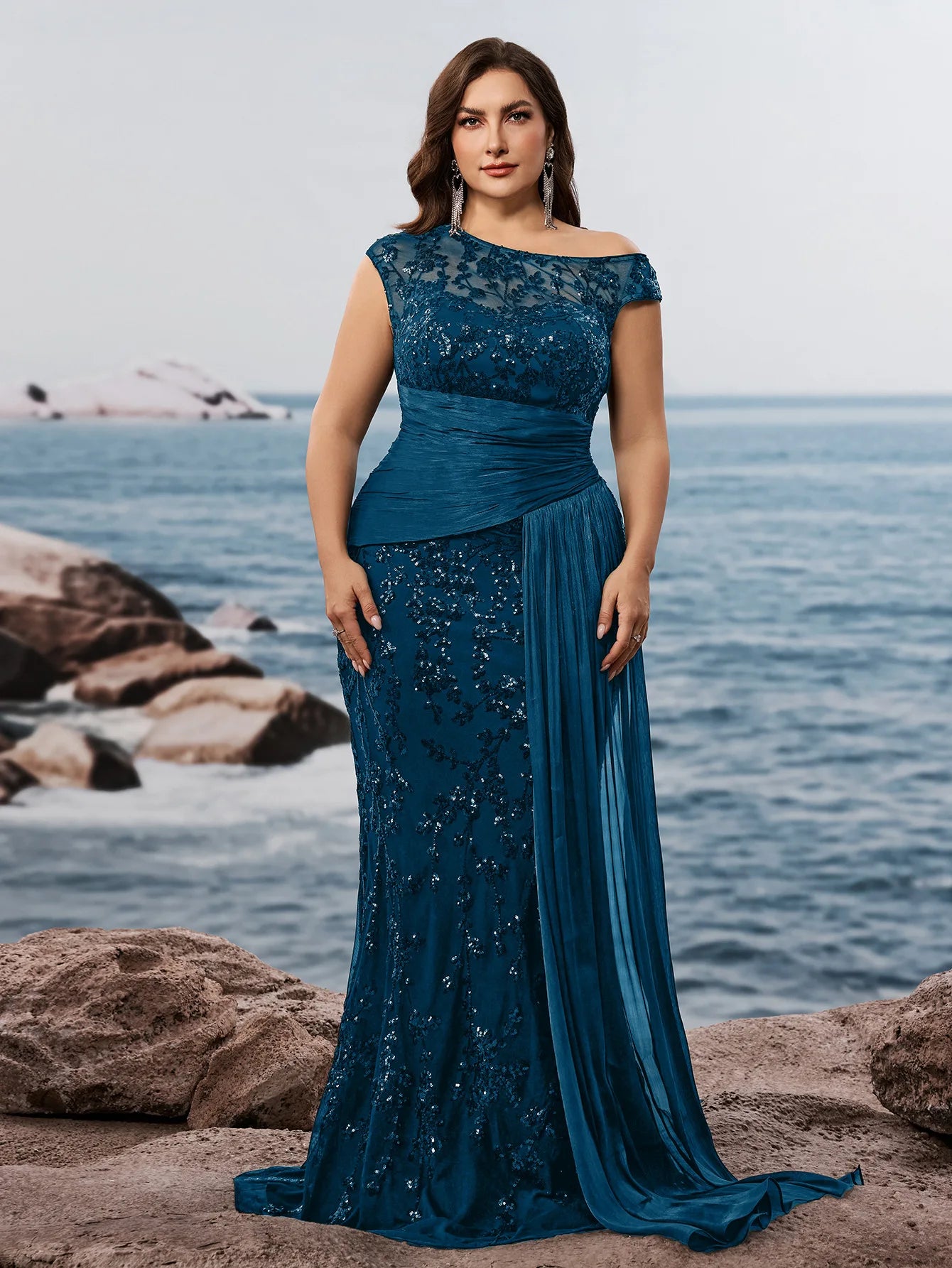 NEW Arrivals 5 Colors XL-4XL Plus Size Trendy Gowns for Curvy Ladies  Evening Party Wedding Guest Luxury Dresses High Waist One-Shoulder Sequined Elegant Mermaid Bridesmaid Dresses