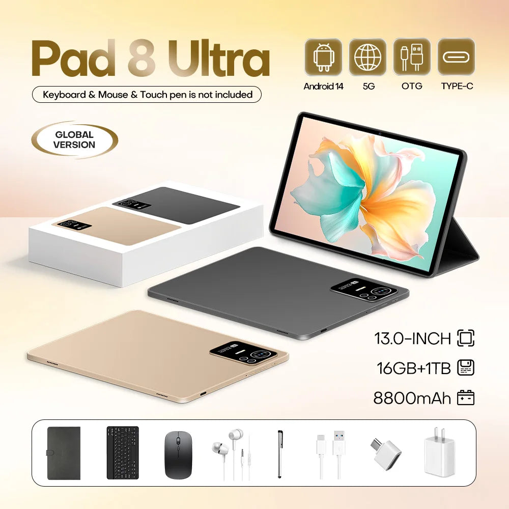 Pad 8 Ultra 5G Tablet 16GB+1TB 13'' 1440*3200 Octa-Core 8800mAh Android 14 Dual SIM Face GPS/GSM Multi-Languages Support Unlock Kids & Education Tablet