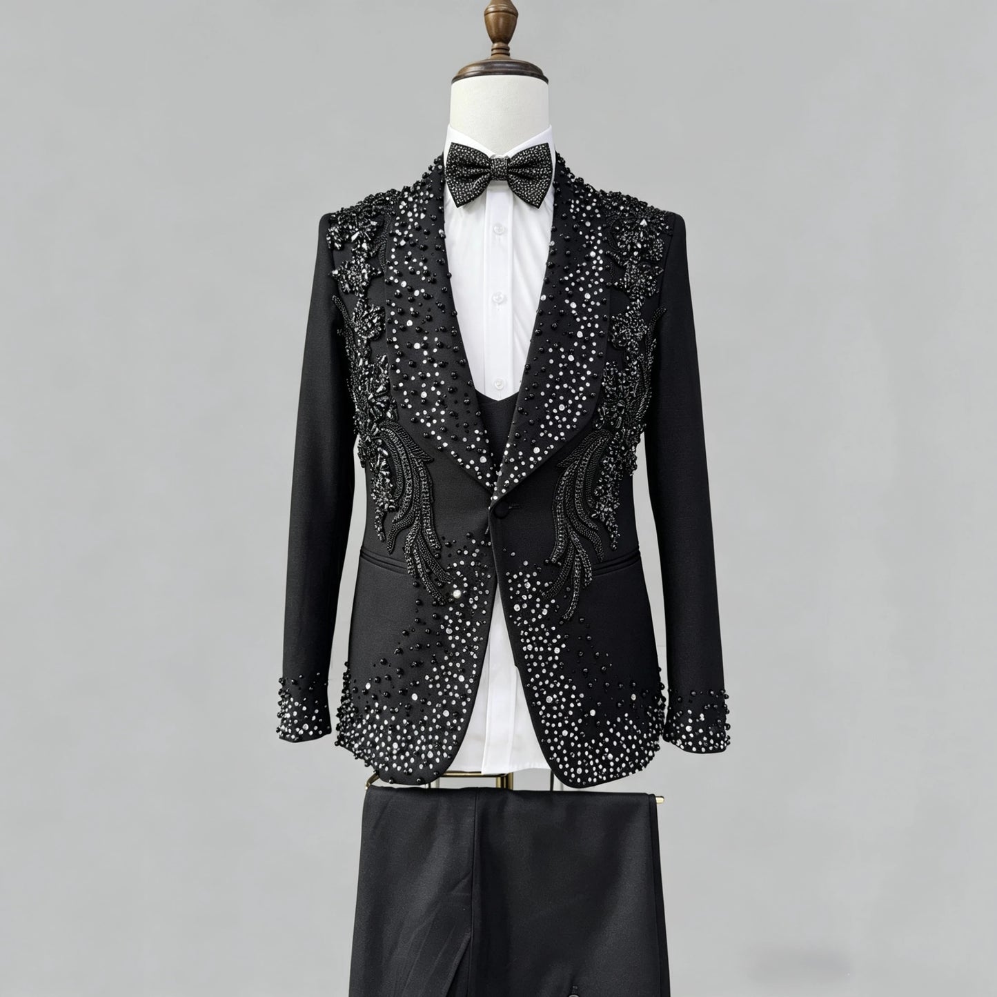 3 PCS Set Xs-3XL Plus Size Men's Luxury Tuxedo Suit Handmade Blazer Shiny Jewelry Ornament Hand Embroidery Formal Wedding Groom Guest Evening Business Dinner Party Prom Red Carpet Celebrities Luxury Clothes