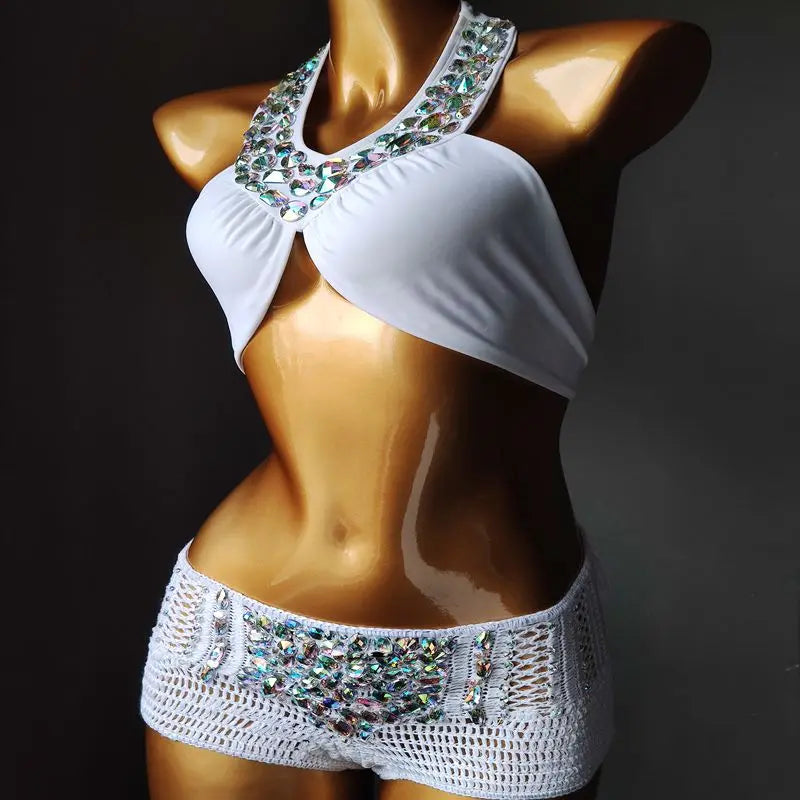 Sexy Bikini Set Diamond Rhinestone Swimwear Push Up Handmade Crochet Bathing Suit High Waist Swimsuit