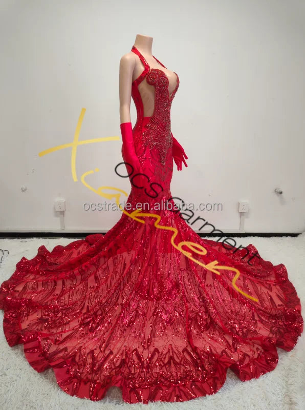 Boutique Gala HOT SALE 15 Colors High Quality Sexy See Through Shiny Sequined Women Evening Prom Dresses Elegant Halter V Neck Sexy Transparent Red Mermaid Ball Gown With Gloves Red Carpet Opera Concerts Celebrities Ladies Lu