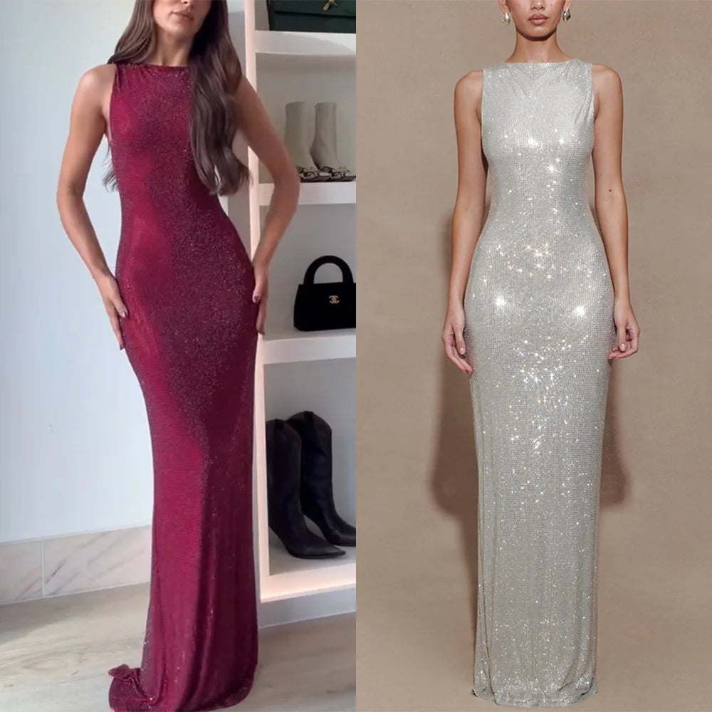 BEST PRICE Top Quality Cashmere Maxi Dress Autumn Winter Spring Fashion Women's  Sleeveless Sequin Back-Slit Sexy Floor-Length Pencil Dress Wedding Guest Evening Party Night Business Clubwear Prom Gowns