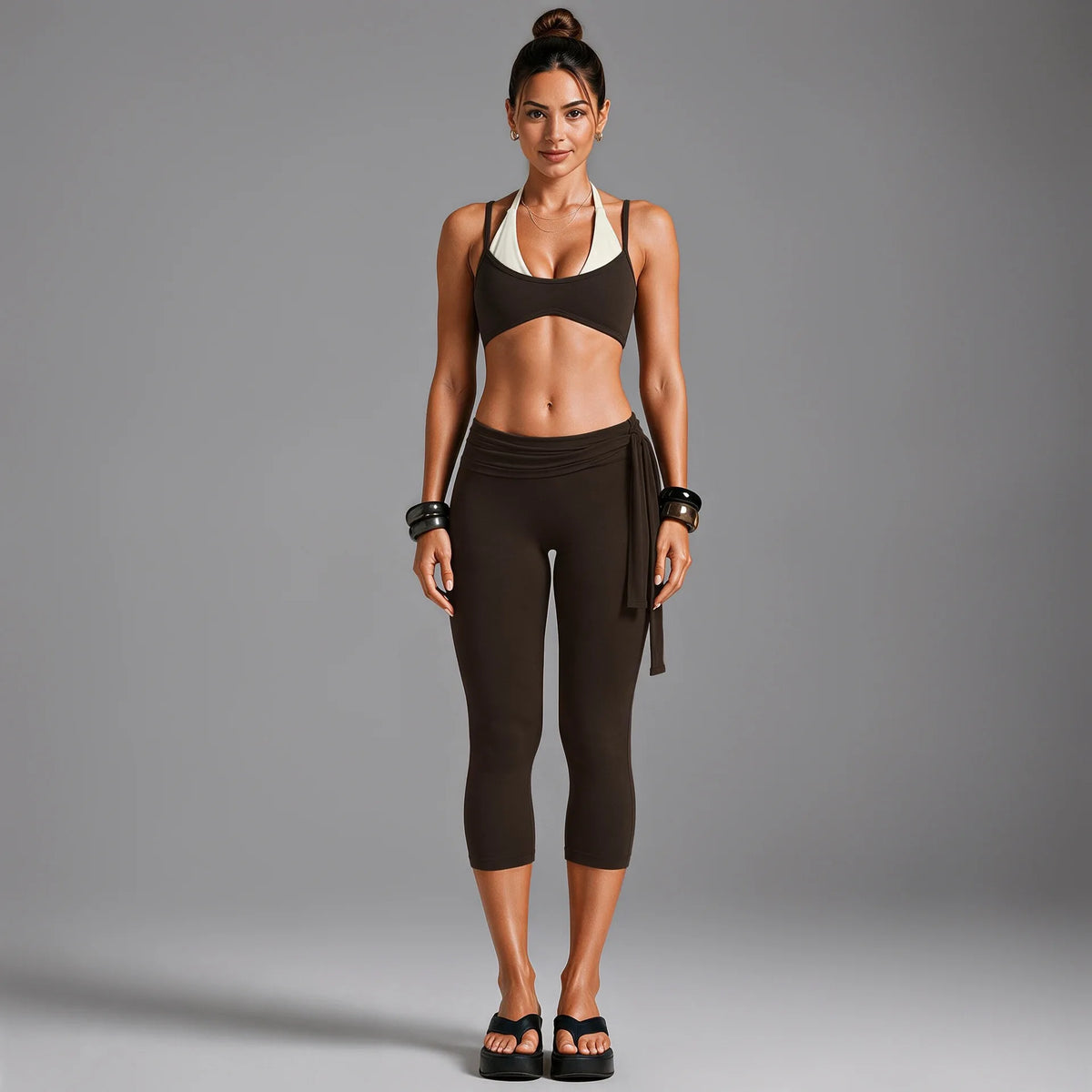 2 PCS Set 4 Colors Women Color-Block Yoga Suit, Halter Sports Bra & Tie-Side Fold-Over Waist Capris Quick-Dry Gym Workout Outfit