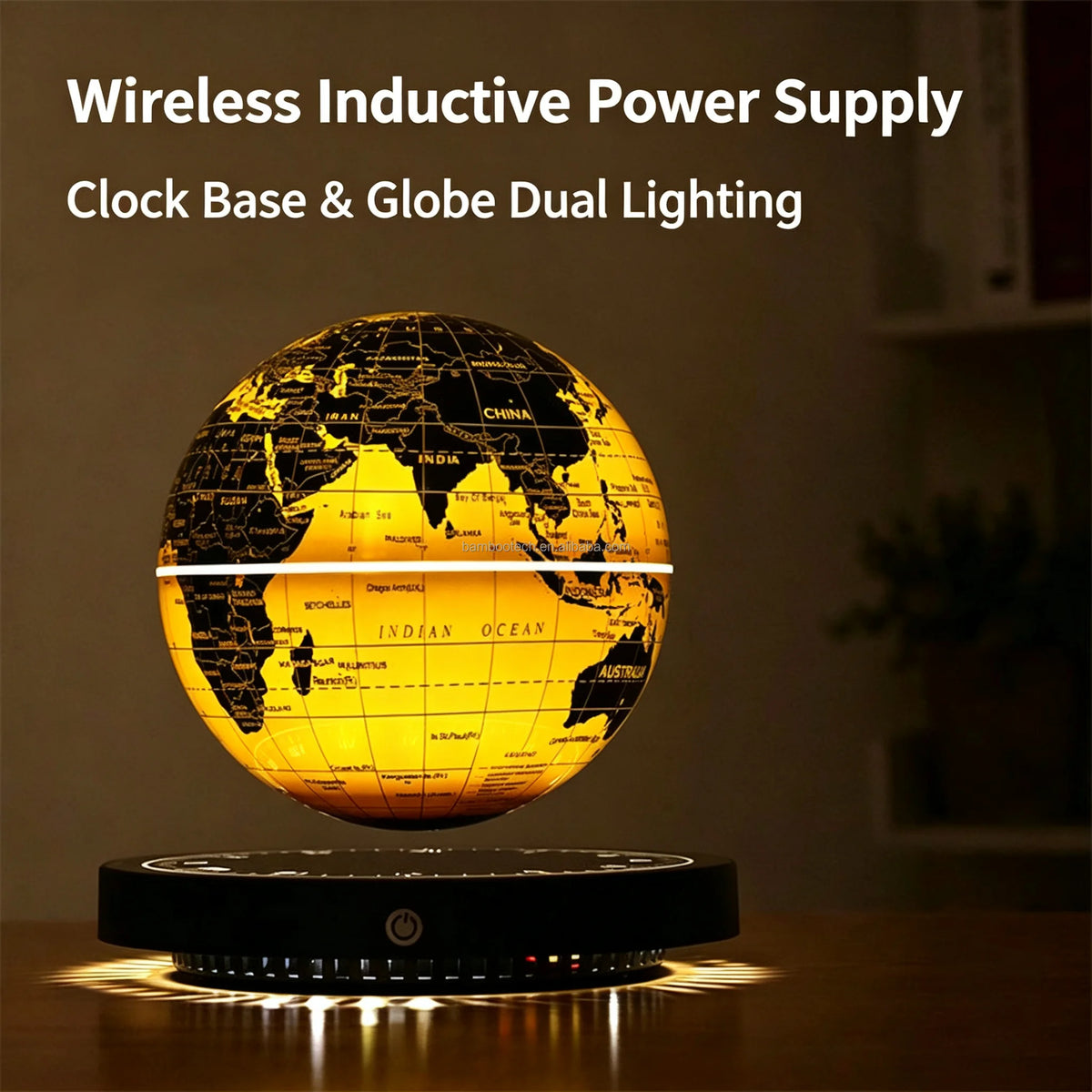 NEW Home Living Room Bedroom Luxury Golden English Rotating World Map Lampshade Magnetic Levitating Floating Globe Novelty Retro Round Clock Base 14cm 6 Inch Desk Table Home Lighting Supplies